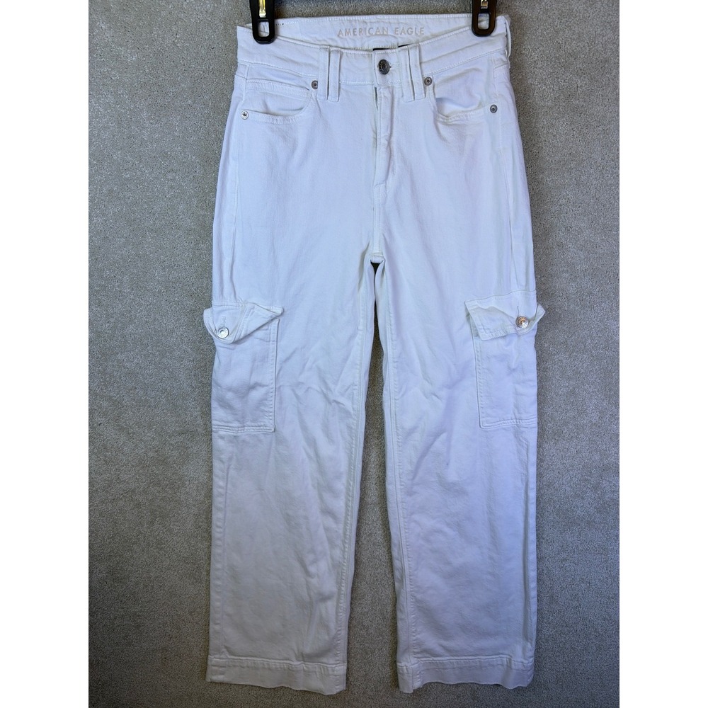 American Eagle Cargo Pants Womens 00 White Super High Rise Baggy Wide Leg Jeans